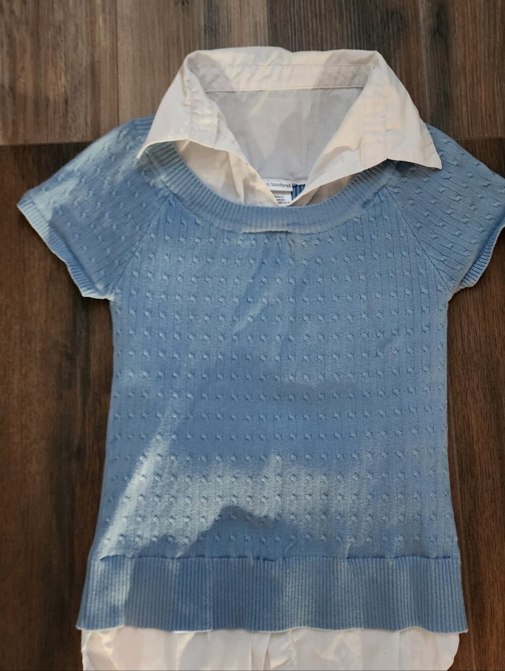 Light Blue Knit Faux Layered-Look Top with White Collar - Kids